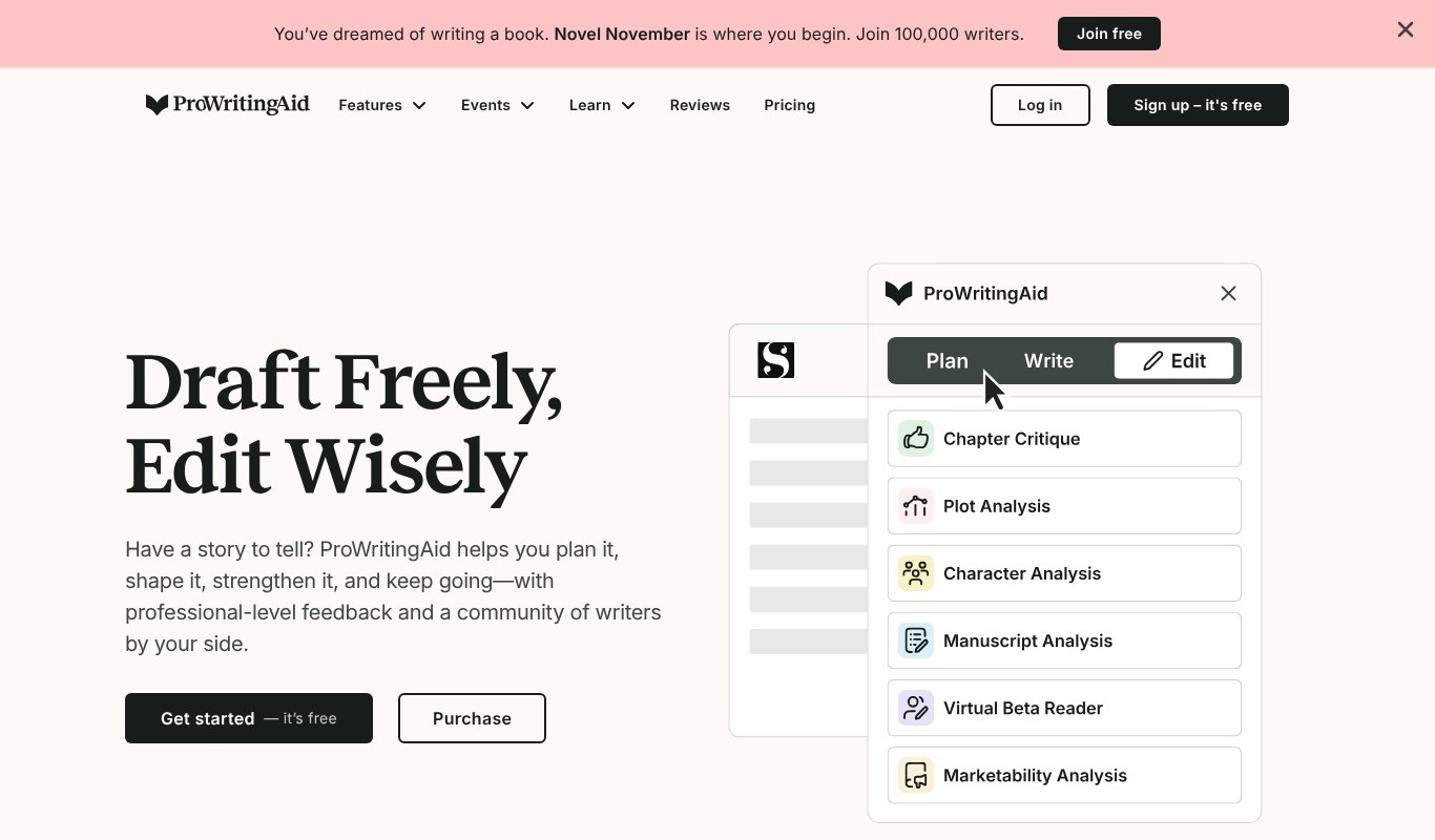 ProWritingAid, draft freely and edit wisely, with chapter critique and manuscript analysis