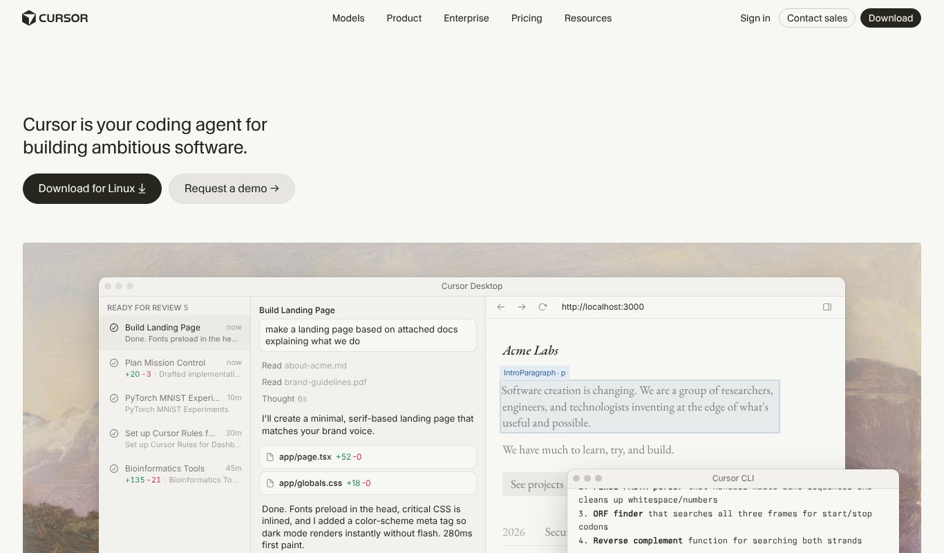 Cursor homepage, the AI code editor