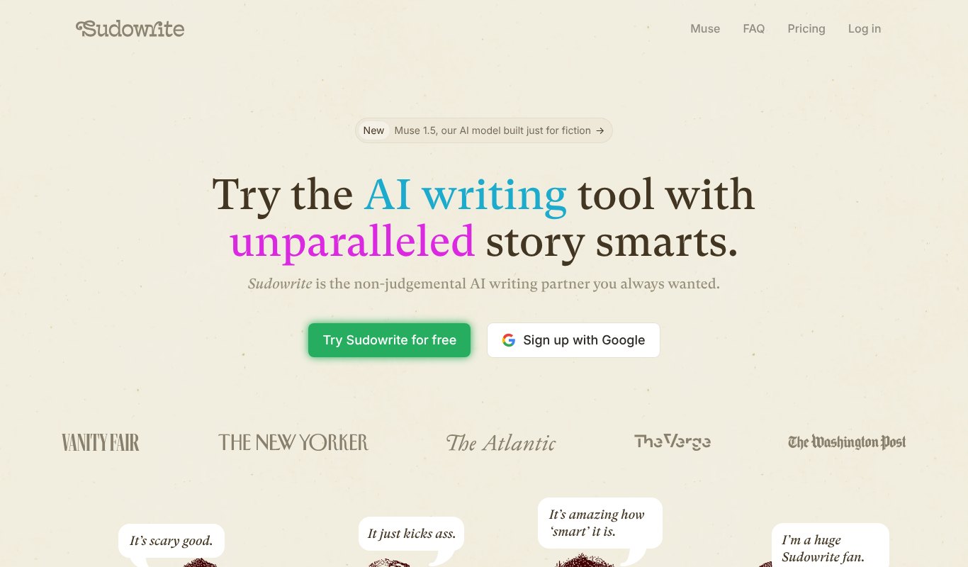 Sudowrite home page, the AI writing tool with story smarts