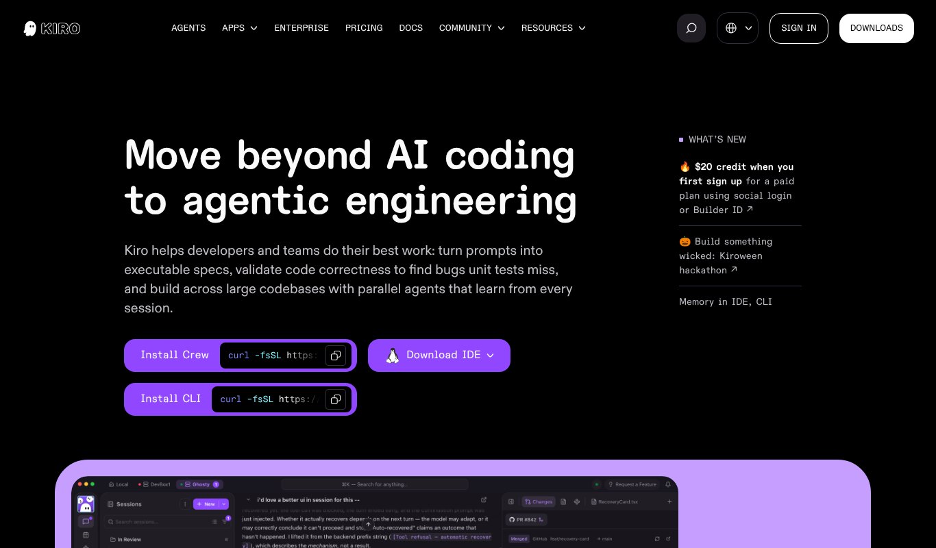 Kiro homepage, the spec-driven AI IDE from AWS