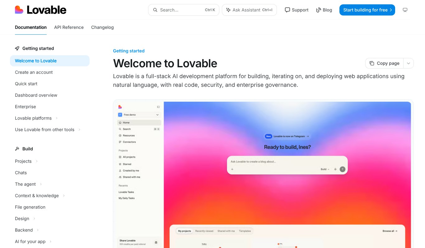 Lovable docs welcome page, a full-stack AI development platform