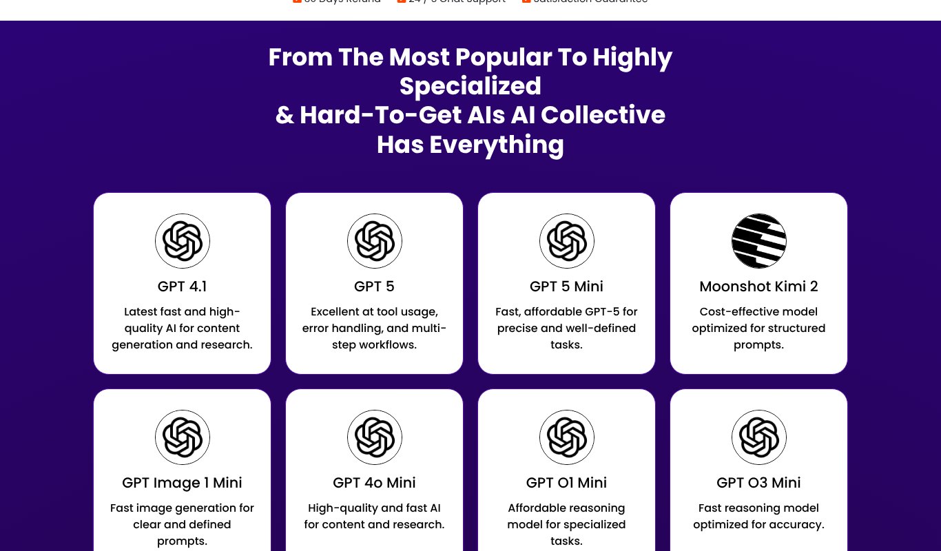 AI Collective model list with GPT 5, GPT 4.1, Kimi 2 and many other AI models in one app