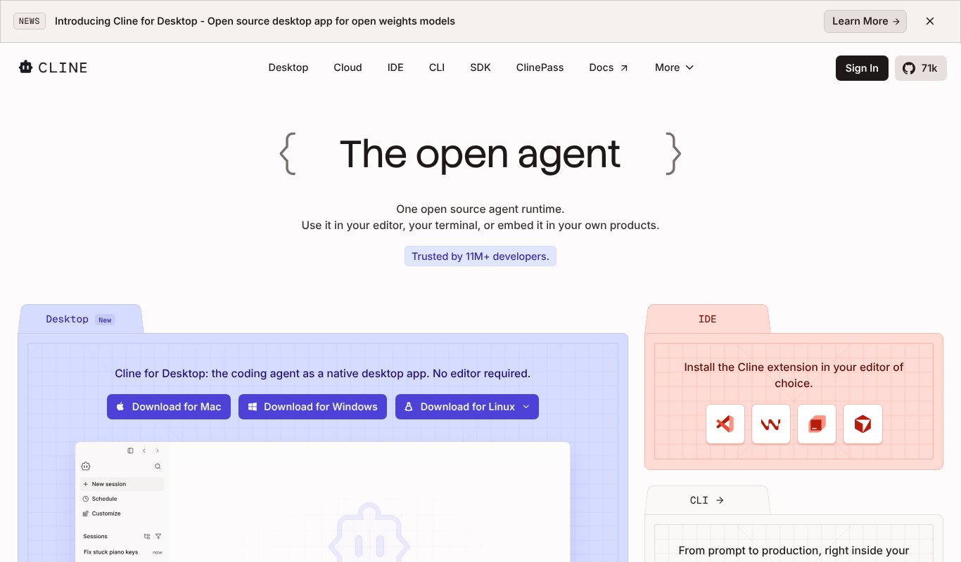 Cline homepage, the open source AI coding agent