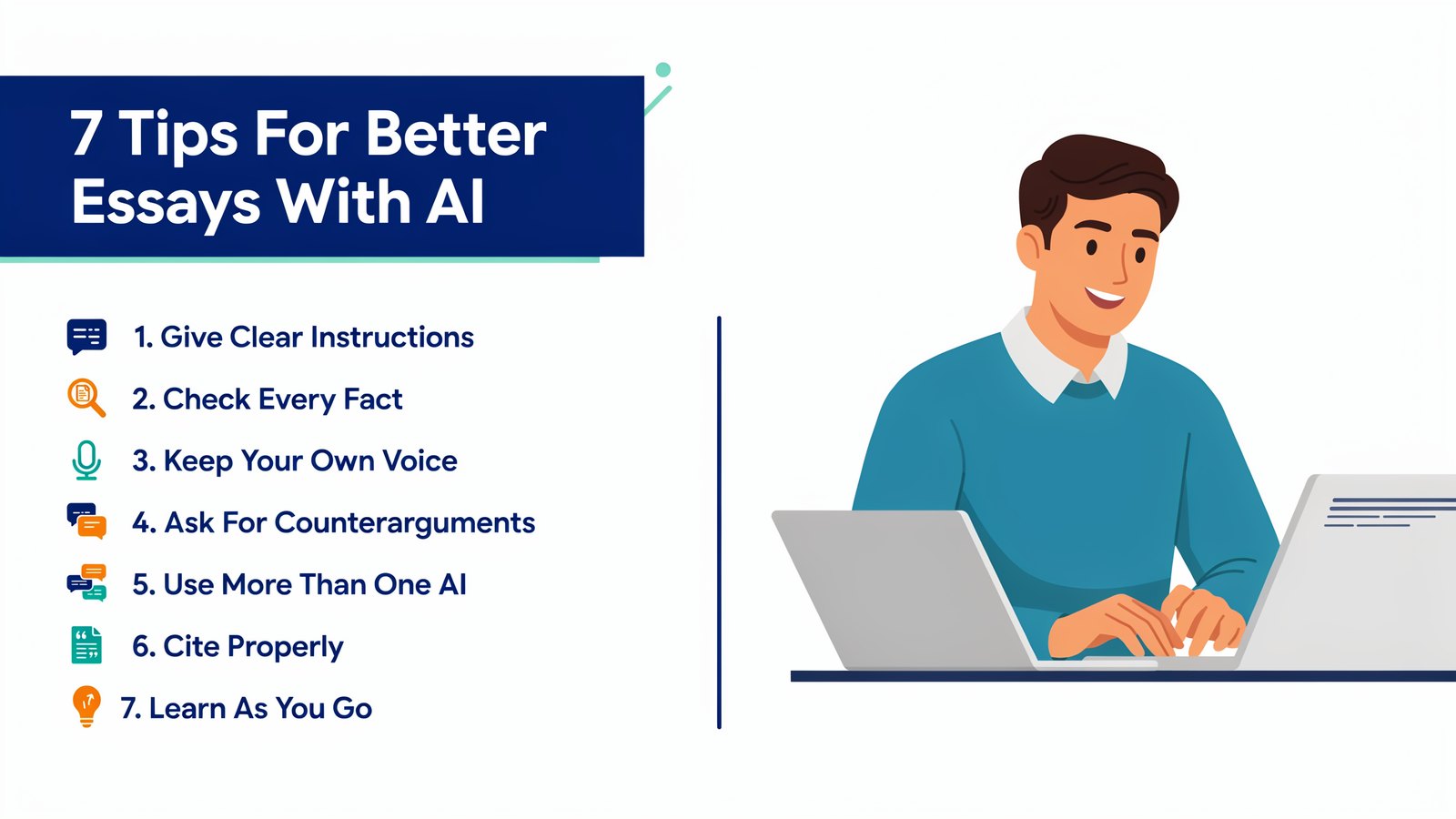 Seven tips for better essays with AI, from giving clear instructions to keeping your own voice