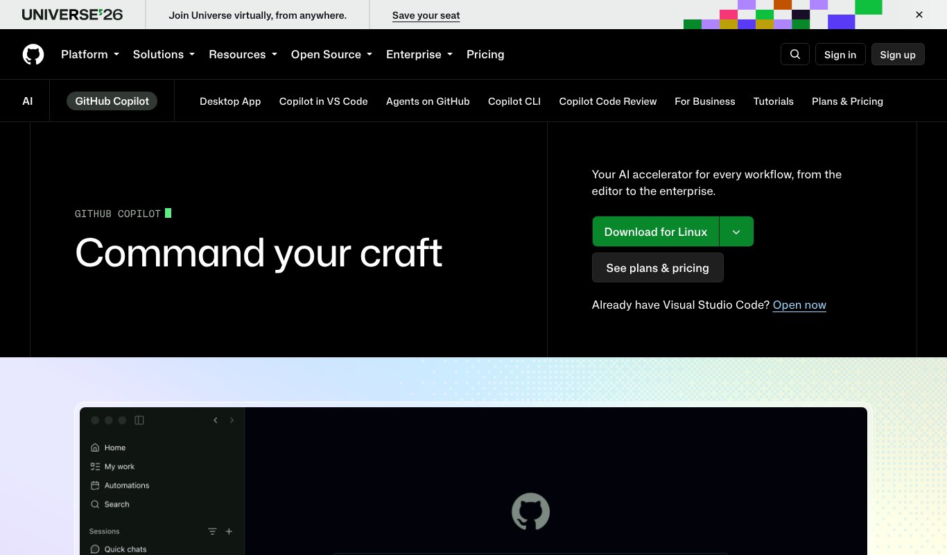 GitHub Copilot homepage, the AI coding assistant from GitHub