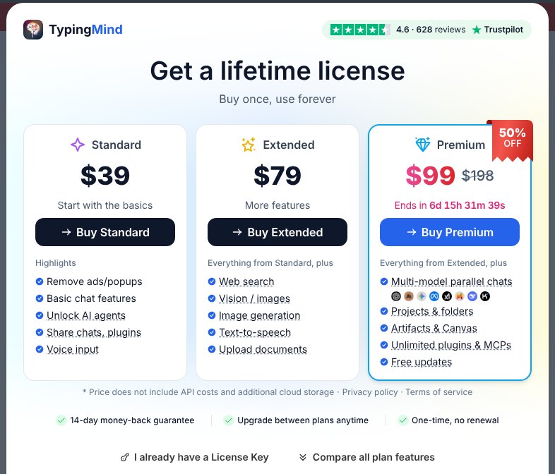 TypingMind lifetime license pricing, Standard, Extended and Premium