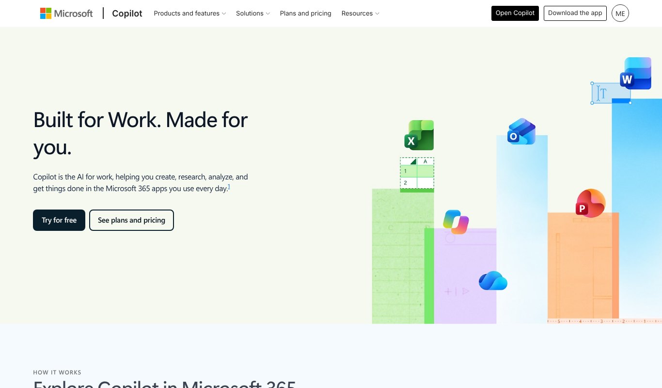 Microsoft Copilot page, built for work, made for you
