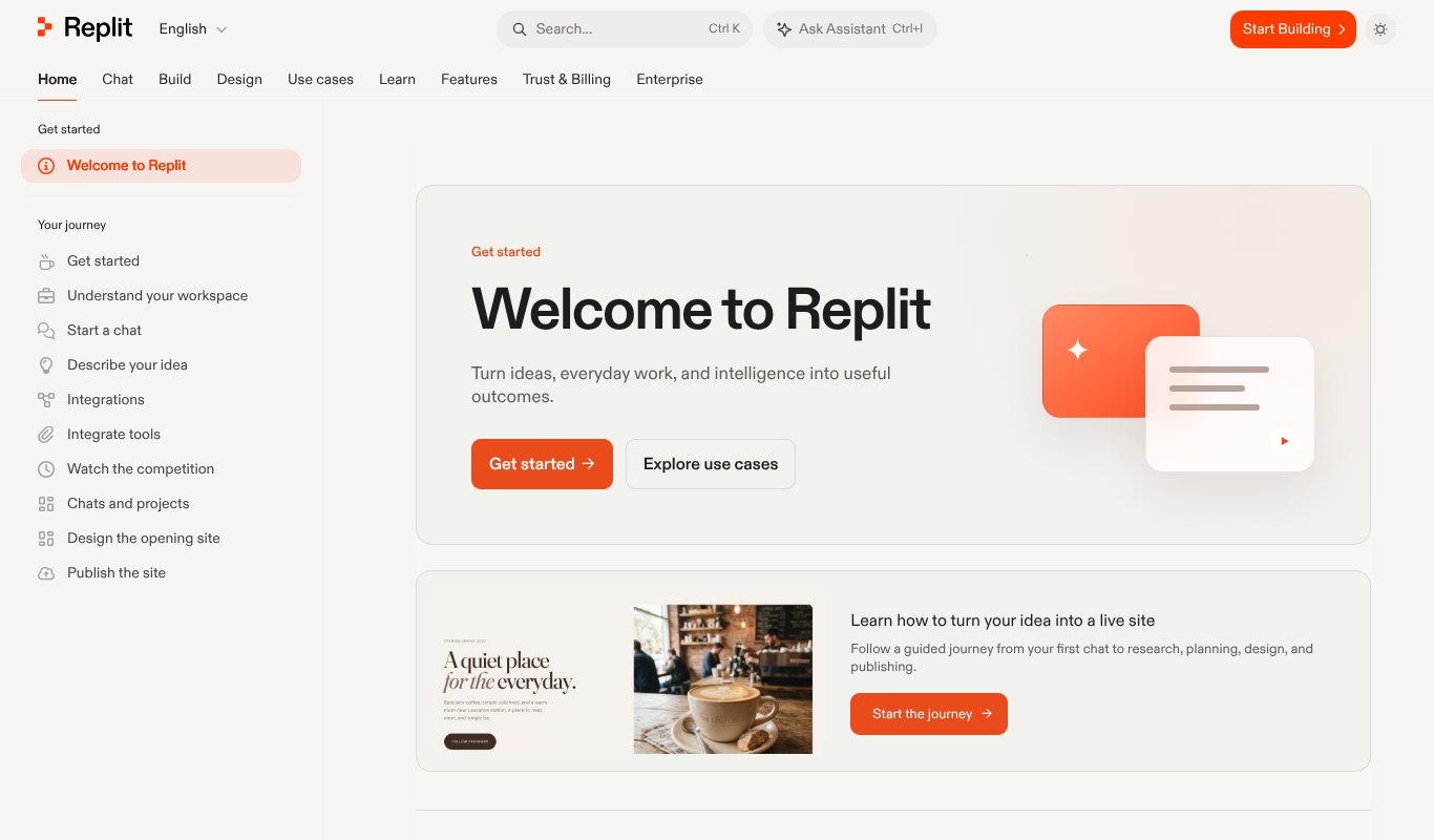 Replit docs welcome page, build and publish apps with AI