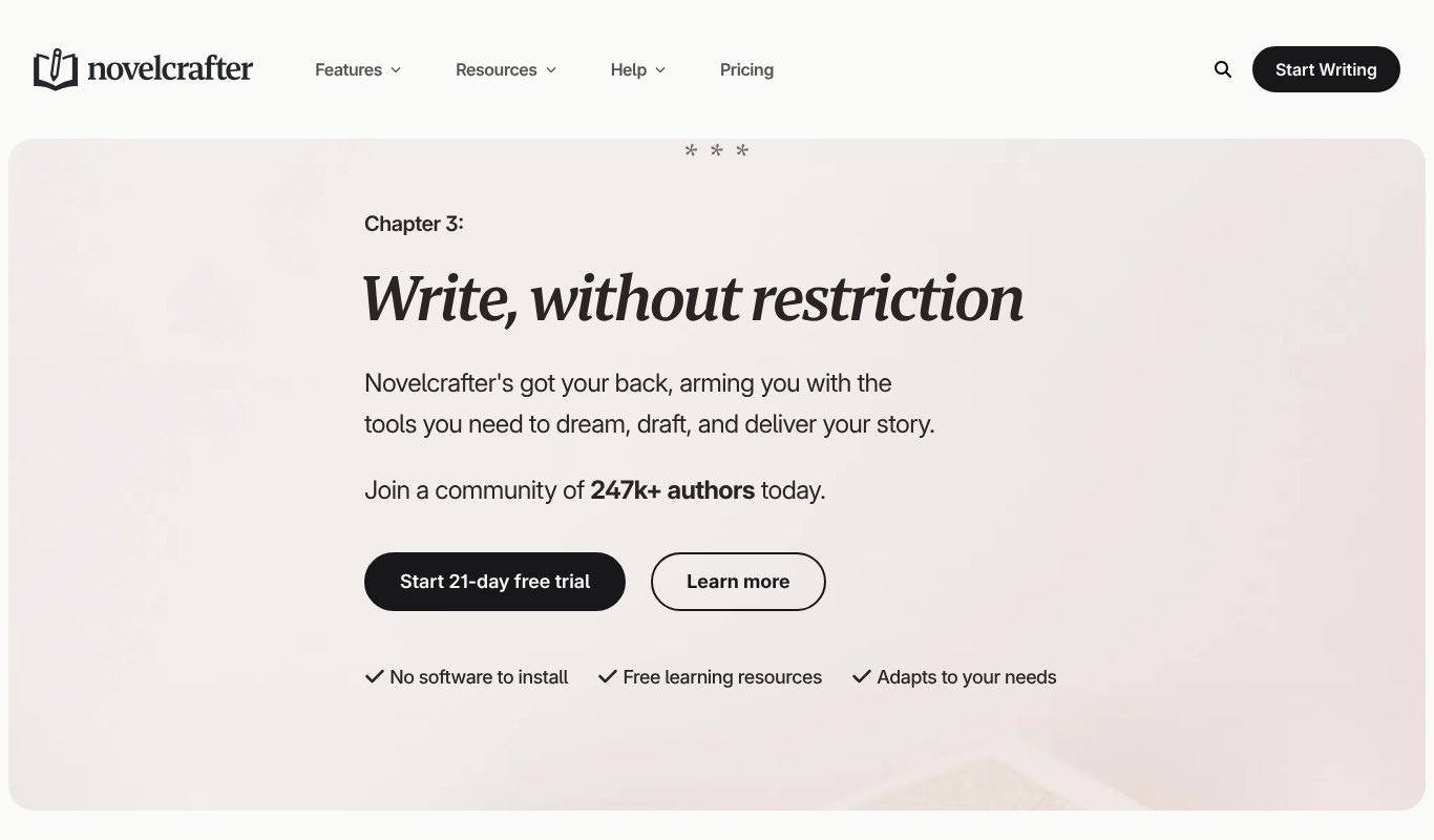 Novelcrafter home page, write without restriction