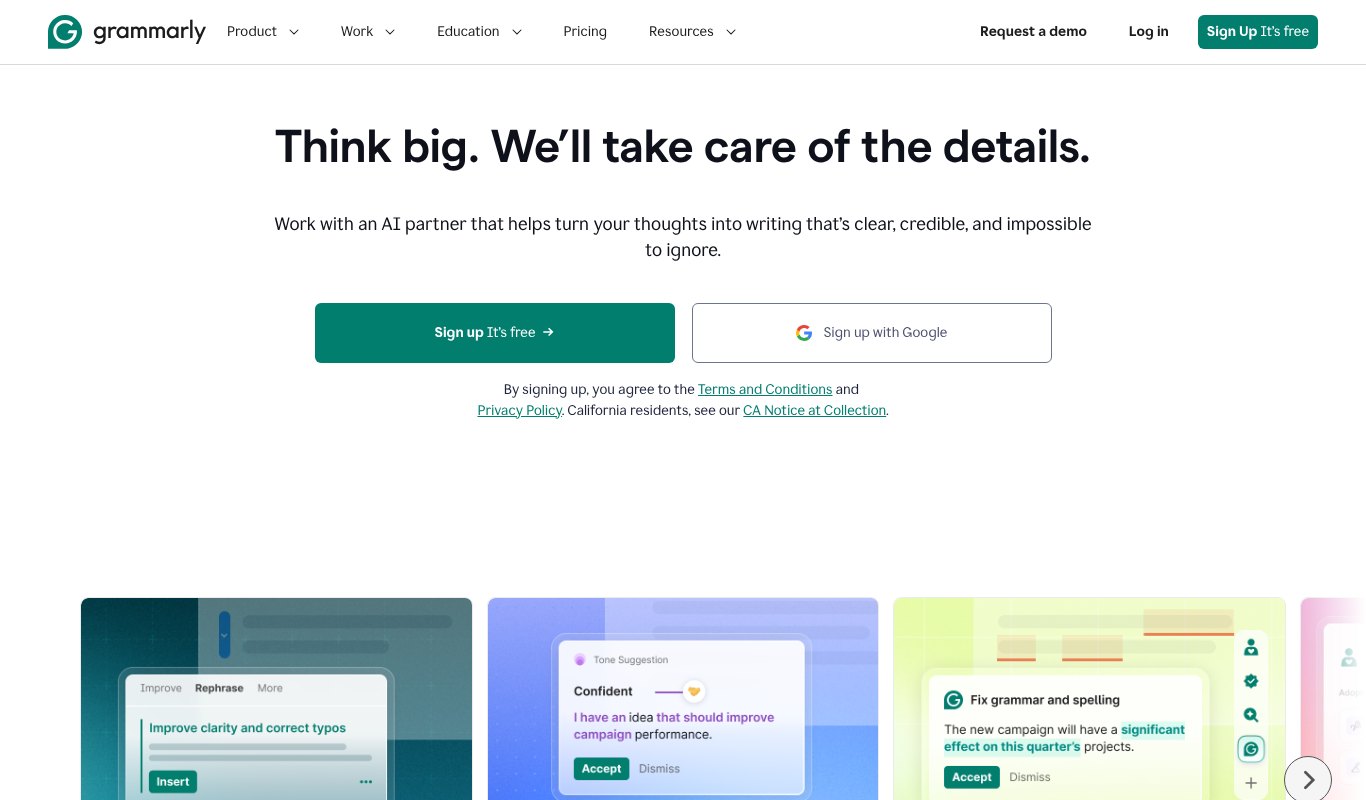 Grammarly homepage, think big, we'll take care of the details