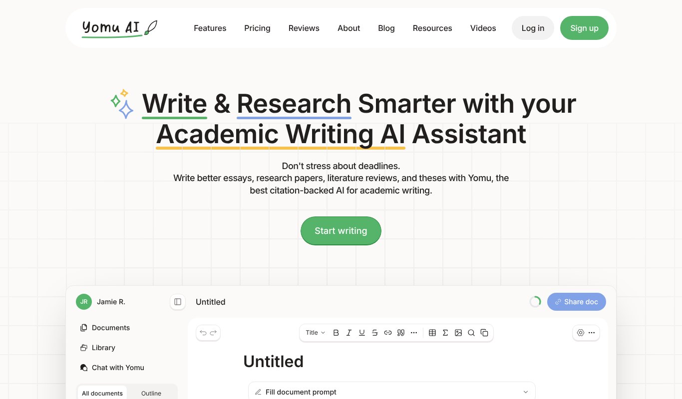 Yomu AI homepage, write and research smarter with your academic writing AI assistant