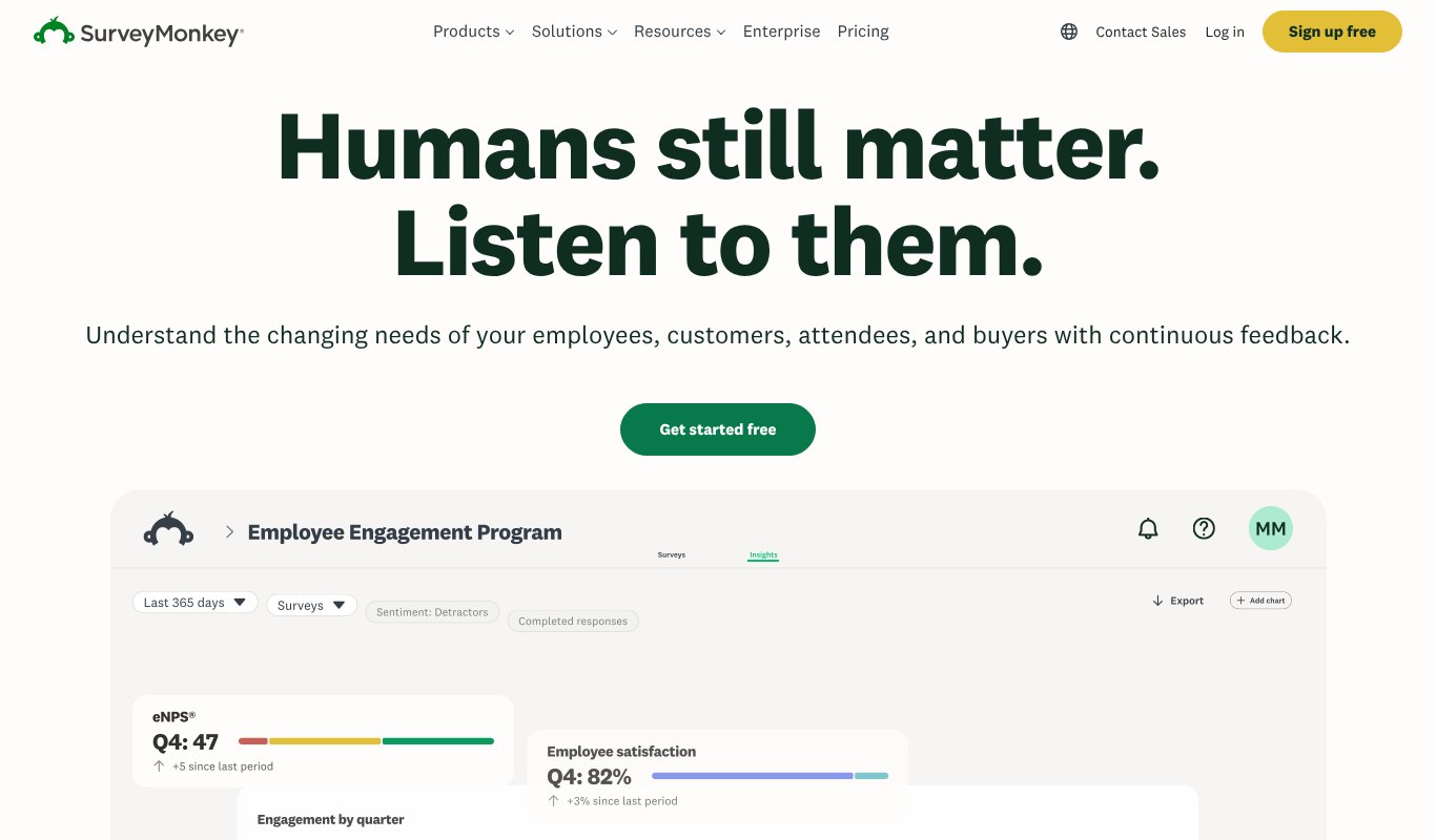 SurveyMonkey homepage, humans still matter, listen to them