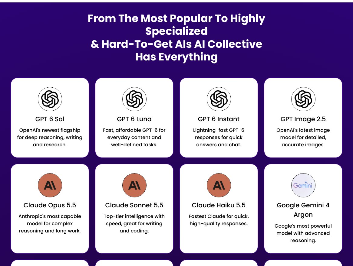 AI Collective model list with GPT 6, Claude Opus 5.5, Claude Sonnet 5.5, Gemini 4 Argon and more