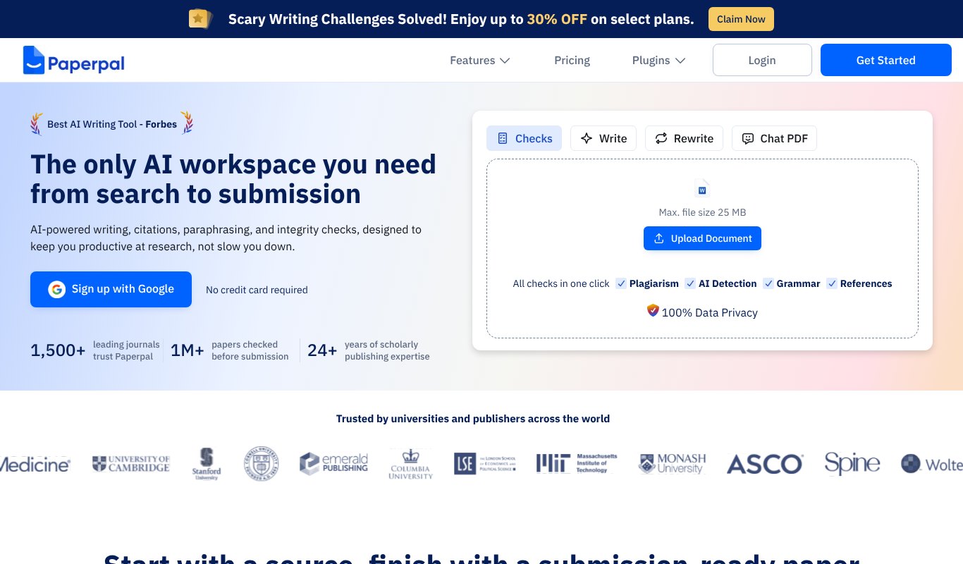 Paperpal homepage, the AI workspace from search to submission