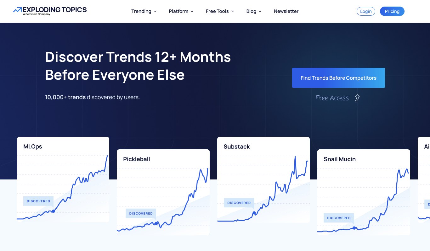 Exploding Topics homepage, discover trends 12+ months before everyone else