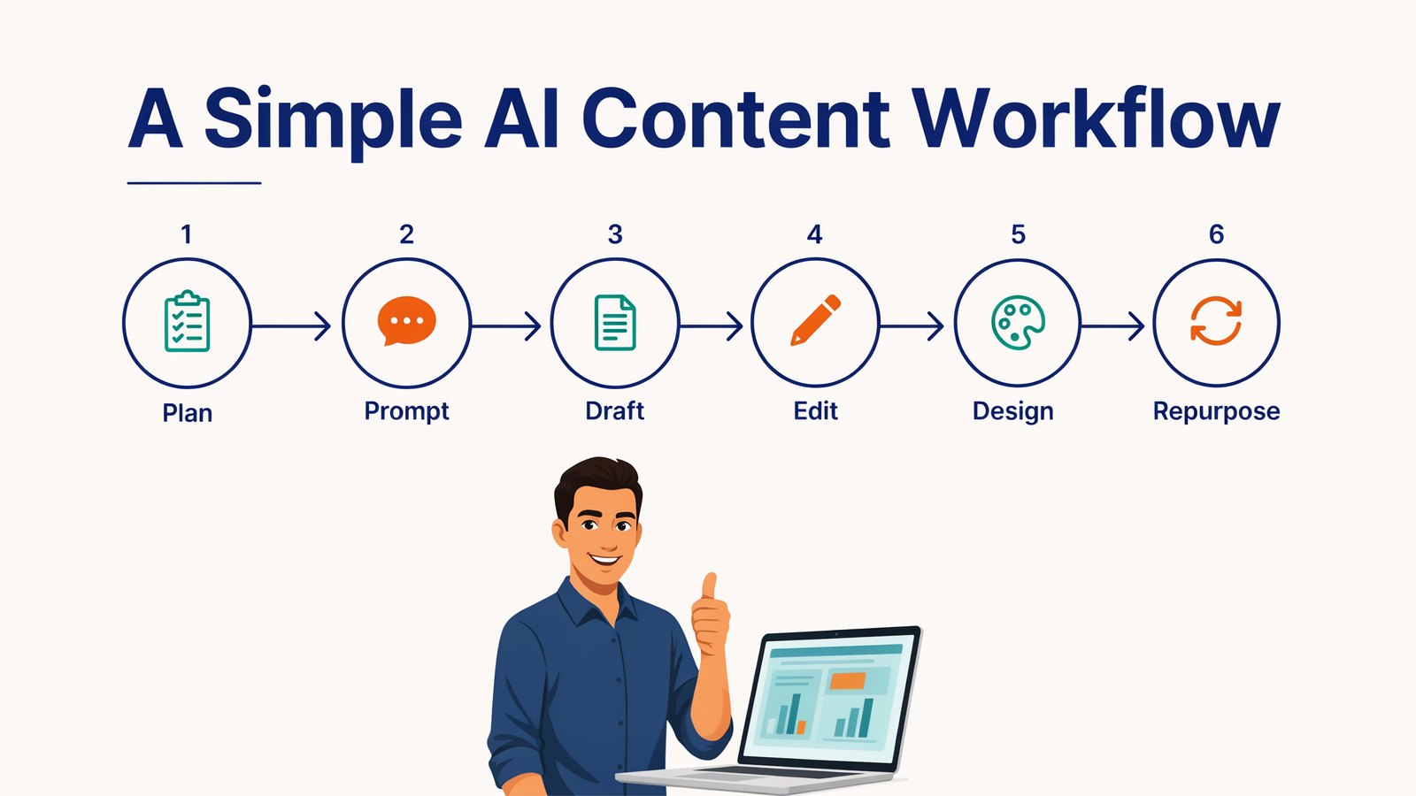 A simple AI content workflow, plan, prompt, draft, edit, design and repurpose
